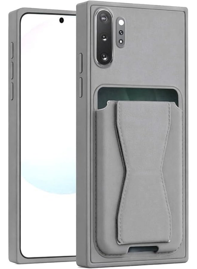 جراب محفظة جلدي متوافق مع سامسونج جالاكسي نوت 10+ بلس، غطاء خلفي جلدي بإطار من مادة TPU، جراب هاتف واقٍ مقاوم للصدمات مع حامل للبطاقات (رمادي)